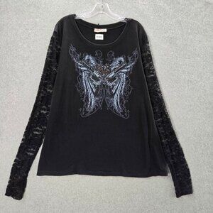 VINTAGE Bus Stop Women Top 2X Black‎ Guns Roses Angel Wings Grunge Y2K